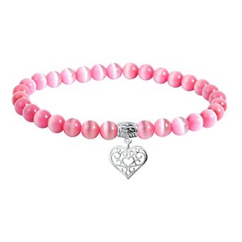 Aleure Precioso Fine Silver Plate Heart Shaped Filigree Drop Charm & Cat's Eye Bead Stretch Bracelet