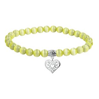 Aleure Precioso Fine Silver Plate Heart Shaped Filigree Drop Charm & Cat's Eye Bead Stretch Bracelet