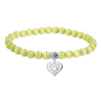 Aleure Precioso Fine Silver Plate Heart Shaped Filigree Drop Charm & Cat's Eye Bead Stretch Bracelet
