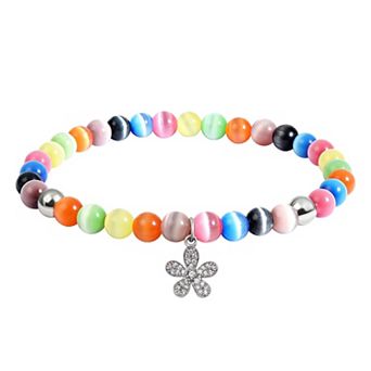 Aleure Precioso Fine Silver Plate Pave Cubic Zirconia Flower Drop Charm & Cat's Eye Bead Stretch Bracelet