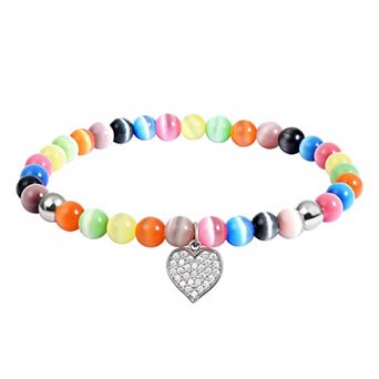 Aleure Precioso Fine Silver Plate Pave Cubic Zirconia Heart Drop Charm & Cat's Eye Bead Stretch Bracelet
