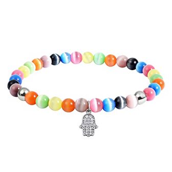 Aleure Precioso Fine Silver Plate Pave Cubic Zirconia Hamsa Drop Charm & Cat's Eye Bead Stretch Bracelet