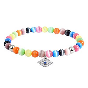 Aleure Precioso Fine Silver Plate Pave Cubic Zirconia Evil Eye Drop Charm & Cat's Eye Bead Stretch Bracelet