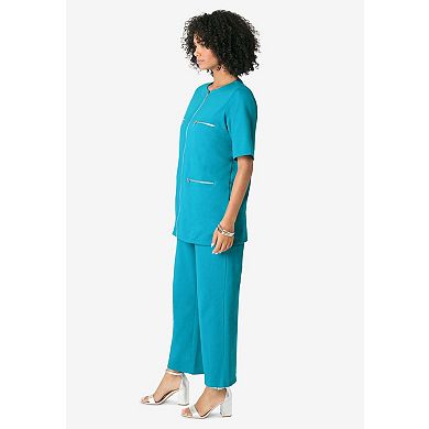 Roaman's Women's Plus Size French Terry Cropped Pant Set