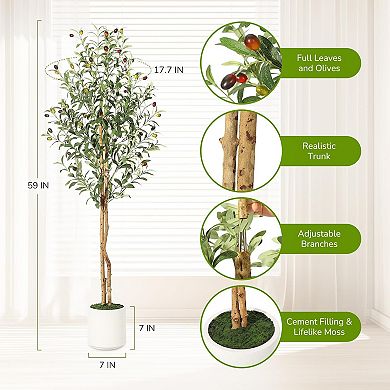 Olive Trees Artificial Indoor, 5FT Tall Faux Silk Plant White Planter,2 PCS