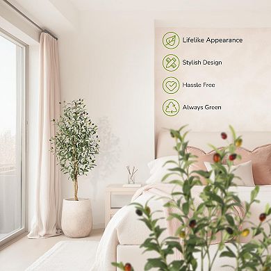 Olive Trees Artificial Indoor, 5FT Tall Faux Silk Plant White Planter,2 PCS