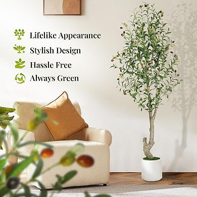 5ft（60in） Tall Faux Olive Tree with White Planter and Green Moss, 1 Pack