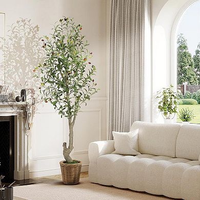 5ft（60in） Tall Faux Olive Tree with White Planter and Green Moss, 1 Pack