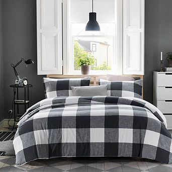 Washed Cotton Duvet Cover Set - Soft Slub Check Bedding with Corner Ties, Coastal Farmhouse Style