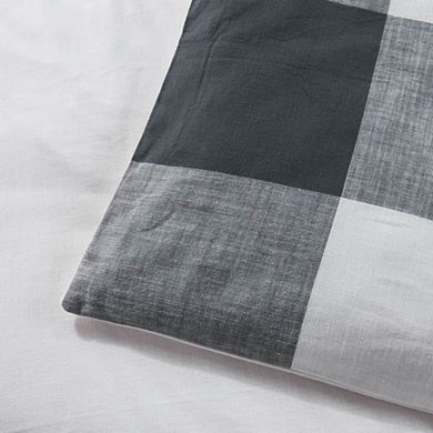 Washed Cotton Duvet Cover Set - Soft Slub Check Bedding with Corner Ties, Coastal Farmhouse Style
