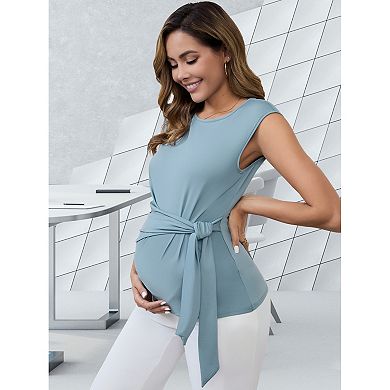 Women Maternity Tie Waist Blouse Cap Sleeve Summer T-Shirt Office Work Baby Shower