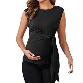 Women Maternity Tie Waist Blouse Cap Sleeve Summer T-Shirt Office Work Baby Shower