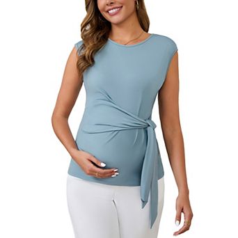 Women Maternity Tie Waist Blouse Cap Sleeve Summer T-Shirt Office Work Baby Shower