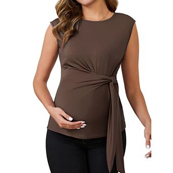 Women Maternity Tie Waist Blouse Cap Sleeve Summer T-Shirt Office Work Baby Shower