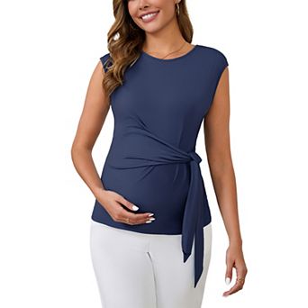 Women Maternity Tie Waist Blouse Cap Sleeve Summer T-Shirt Office Work Baby Shower