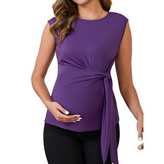 Women Maternity Tie Waist Blouse Cap Sleeve Summer T-Shirt Office Work Baby Shower