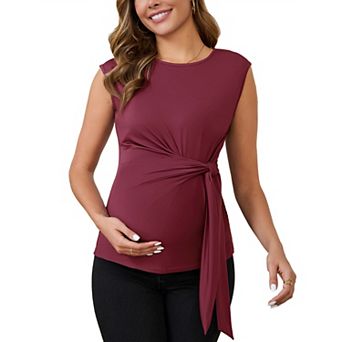 Women Maternity Tie Waist Blouse Cap Sleeve Summer T-Shirt Office Work Baby Shower
