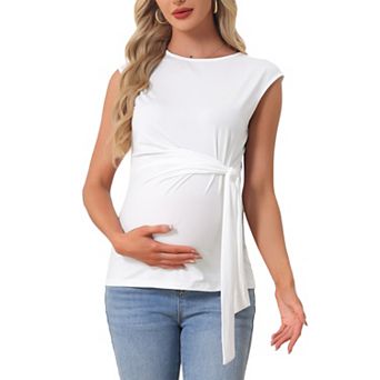 Women Maternity Tie Waist Blouse Cap Sleeve Summer T-Shirt Office Work Baby Shower