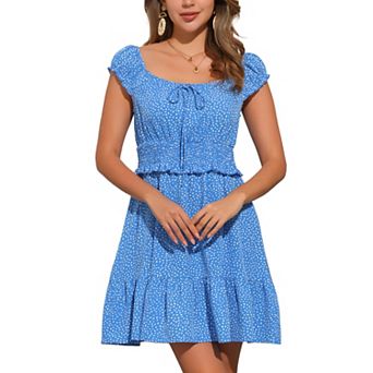 Summer Dress for Women's Smocked Tie Front Ruffle Floral Short Sleeve Printed Boho Mini Dresses
