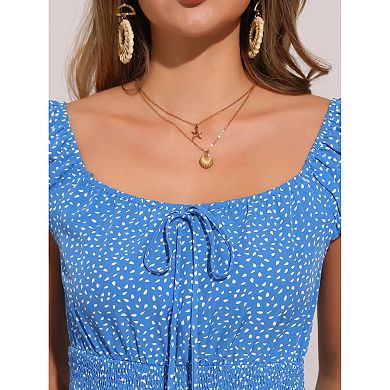 Summer Dress for Women's Smocked Tie Front Ruffle Floral Short Sleeve Printed Boho Mini Dresses