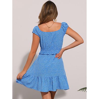 Summer Dress for Women's Smocked Tie Front Ruffle Floral Short Sleeve Printed Boho Mini Dresses