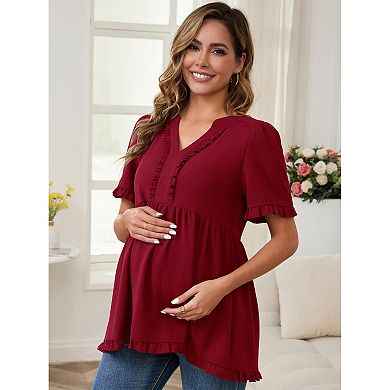 Women's Maternity Tops Boho Ruffled V Neck Short Sleeve Shirts Flowy Loose Casual Blouses