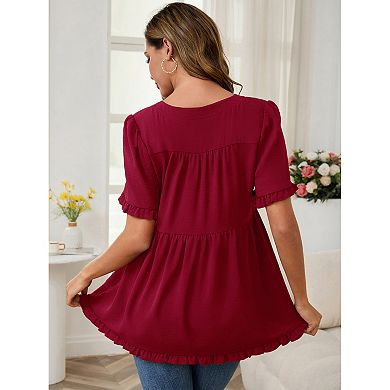Women's Maternity Tops Boho Ruffled V Neck Short Sleeve Shirts Flowy Loose Casual Blouses