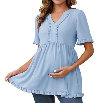 Women's Maternity Tops Boho Ruffled V Neck Short Sleeve Shirts Flowy Loose Casual Blouses