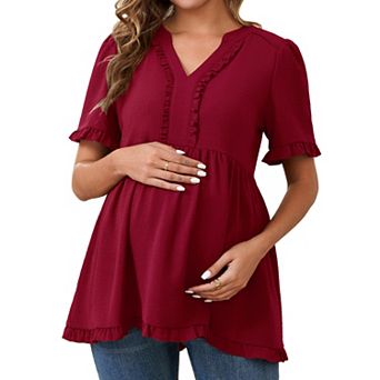 Women's Maternity Tops Boho Ruffled V Neck Short Sleeve Shirts Flowy Loose Casual Blouses