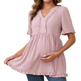 Women's Maternity Tops Boho Ruffled V Neck Short Sleeve Shirts Flowy Loose Casual Blouses
