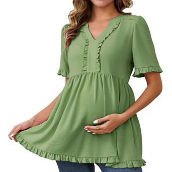 Women's Maternity Tops Boho Ruffled V Neck Short Sleeve Shirts Flowy Loose Casual Blouses