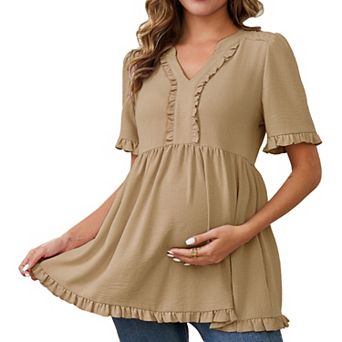 Women's Maternity Tops Boho Ruffled V Neck Short Sleeve Shirts Flowy Loose Casual Blouses