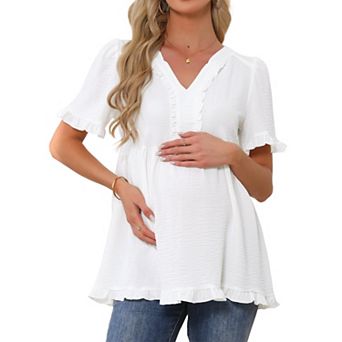 Women's Maternity Tops Boho Ruffled V Neck Short Sleeve Shirts Flowy Loose Casual Blouses