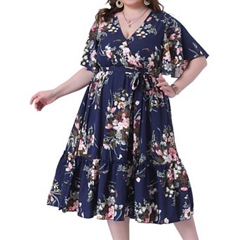 Women's Plus Size V Neck Wrap Maxi Dress Ruffle Short Sleeves Casual Summer Floral Dress with Belt