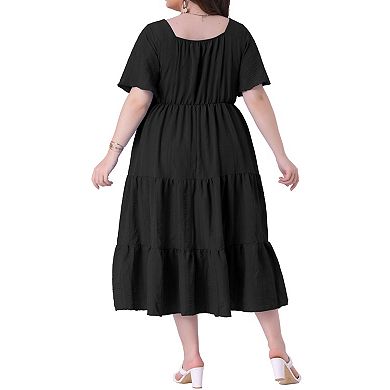 Women's Plus Size Summer Dress Short Sleeve Sweetheart Neck Ruffle Flowy A Line Tiered Long Dresses