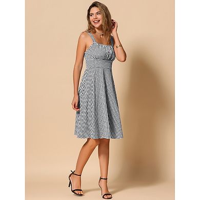 Vintage Sleeveless Dress for Women's Plaid Ruched Summer A-Line Flowy Midi Dresses