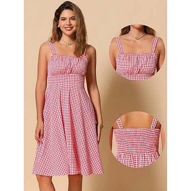 Vintage Sleeveless Dress for Women's Plaid Ruched Summer A-Line Flowy Midi Dresses