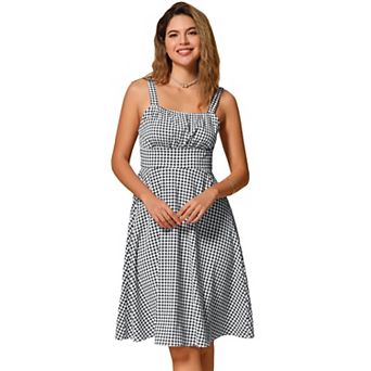 Vintage Sleeveless Dress for Women's Plaid Ruched Summer A-Line Flowy Midi Dresses