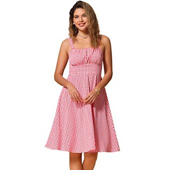 Vintage Sleeveless Dress for Women's Plaid Ruched Summer A-Line Flowy Midi Dresses