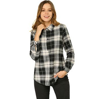 Women's Plaid Shirt Point Collar Roll Up Long Sleeve Tunic Blouse