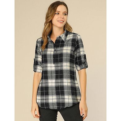 Women's Plaid Shirt Point Collar Roll Up Long Sleeve Tunic Blouse