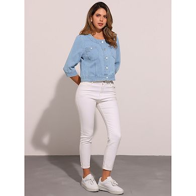 Women's Summer Denim Jacket 3/4 Sleeve Collarless Button Up Cropped Jean Jackets