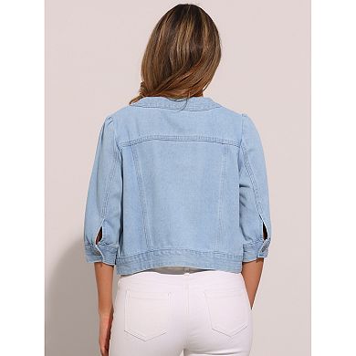 Women's Summer Denim Jacket 3/4 Sleeve Collarless Button Up Cropped Jean Jackets