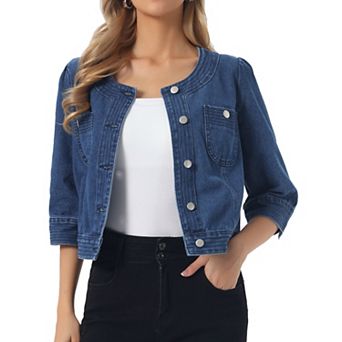 Women's Summer Denim Jacket 3/4 Sleeve Collarless Button Up Cropped Jean Jackets