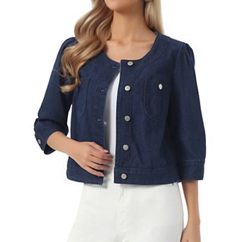 Women's Summer Denim Jacket 3/4 Sleeve Collarless Button Up Cropped Jean Jackets