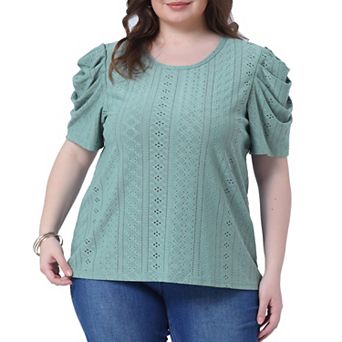 Women's Plus Size Tops Eyelet Embroidery Puffy Sleeve Tee Crew Neck Shirts Loose Fit Casual Blouse