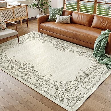 Garvee Modern Solid Color Floral Area Rug Machine Washable Stain Resistant for Bedroom Kitchen