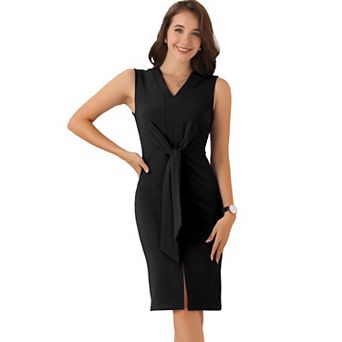 Women's Summer Midi Dress Sleeveless Tie Waist Work Slit V Neck Bodycon Casual Business Outfits