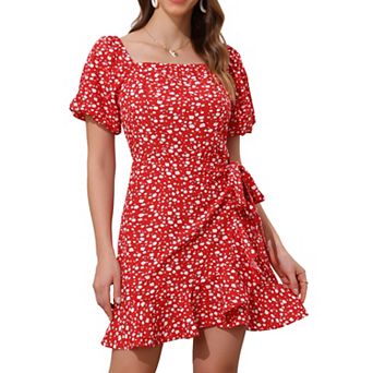 Square Neck Floral Dress for Women's Puffy Sleeve Tie Waist Flowy Dresses