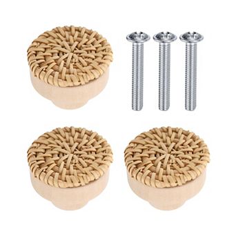 3 pc Rattan Knobs Round Wooden Dresser Knobs with Screws